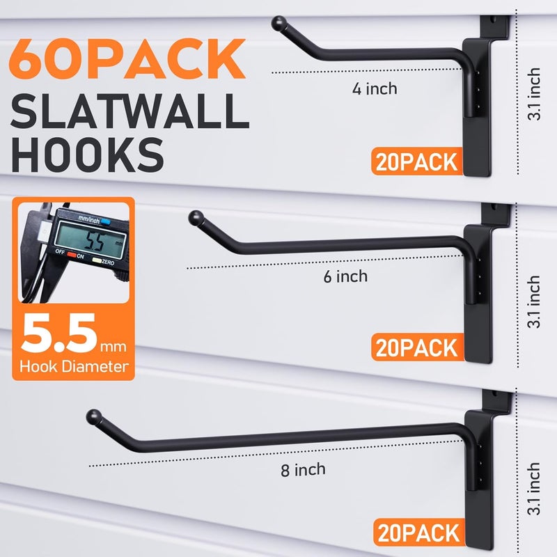 INCLY 60 Pack Slatwall Hooks, 4/6/8 Inch Heavy Duty Black Slat Wall Hanging Hook and Hanger, Slatwall Panel Accessories Assortment Display Hooks for Garages, Sheds, Basements, Retail Stores - Image 4